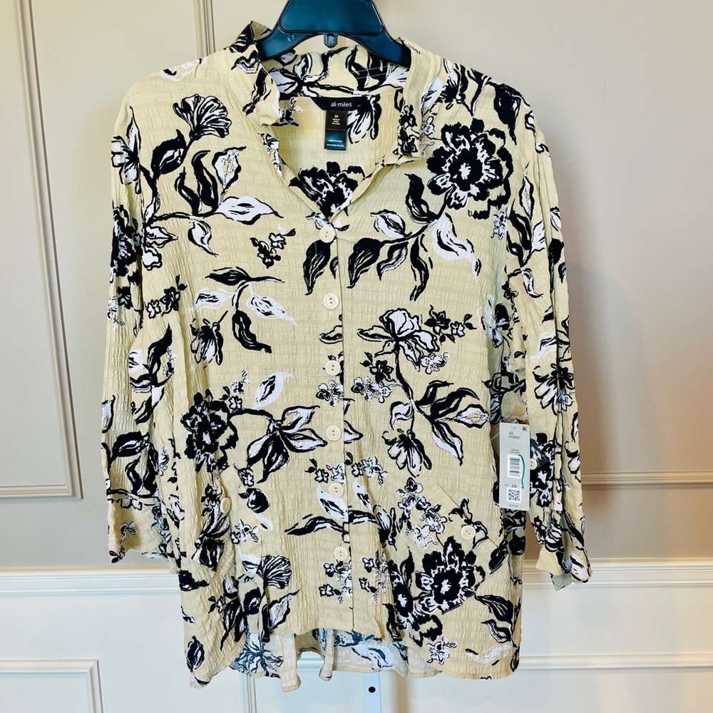 Ali Miles NWT 2X Button Down Wire Collar Floral Tunic Crinkle Tan Black $79